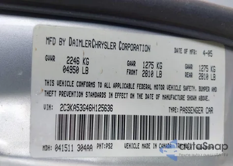 2006 Chrysler 300 Touring from USA, damaged, VIN 2C3KA53G46H125636